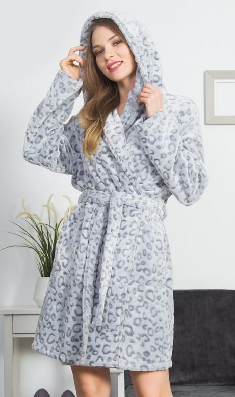 Dámský župan krátký s kapucí Vienetta Secret Leopard grey | šedá | 3XL