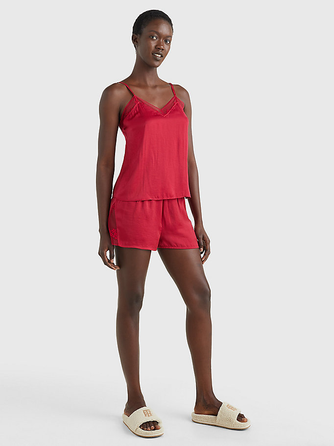 Luxusní saténové pyžamo Tommy Hilfiger UW0UW03848 DITSY LACE | vínová | L